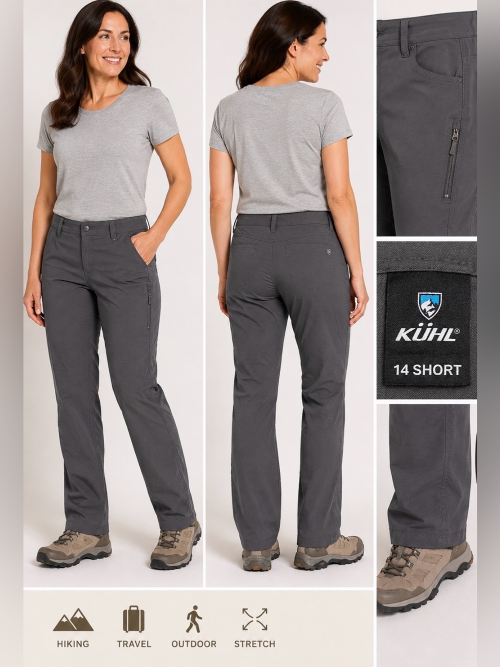 Kuhl Women’s 14 Short Gray Hiking Pants Stretch Outdoor Trail Zip Pockets